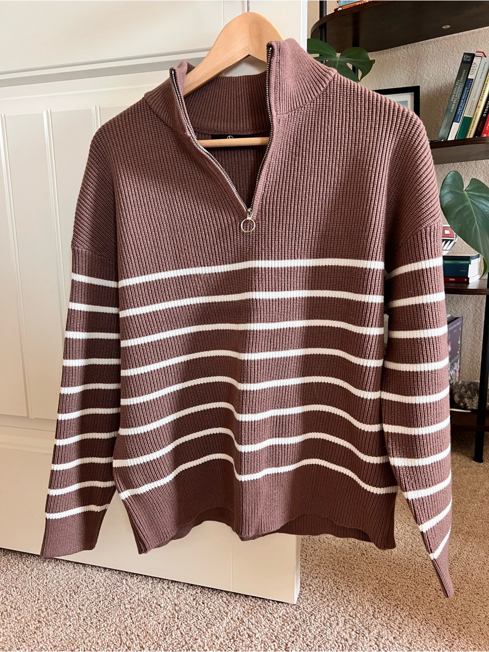 Classic Taupe Stripe Half-Zip Sweater